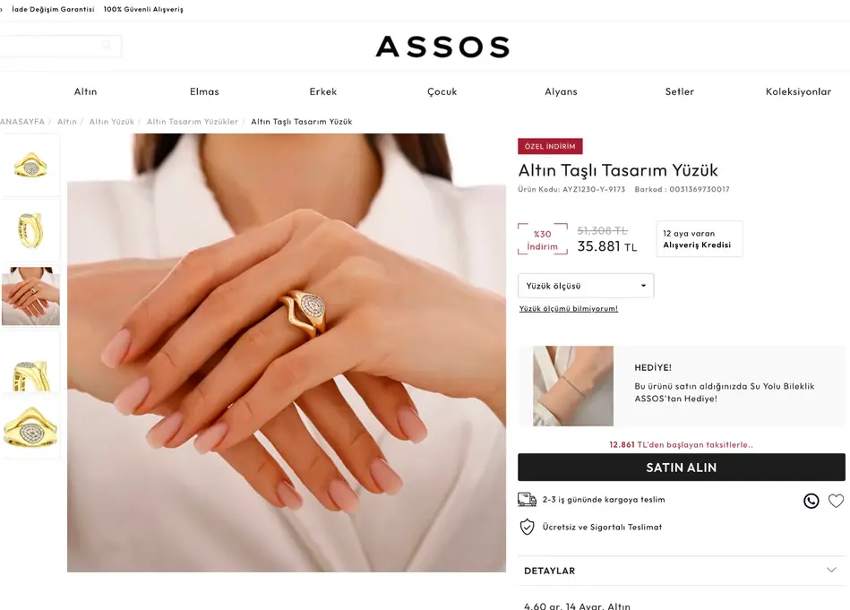 ASSOS satış sayfası — Altın Taşlı Tasarım Yüzük