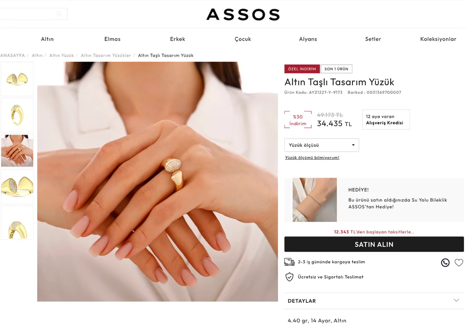 ASSOS satış sayfası — Altın Taşlı Tasarım Yüzük