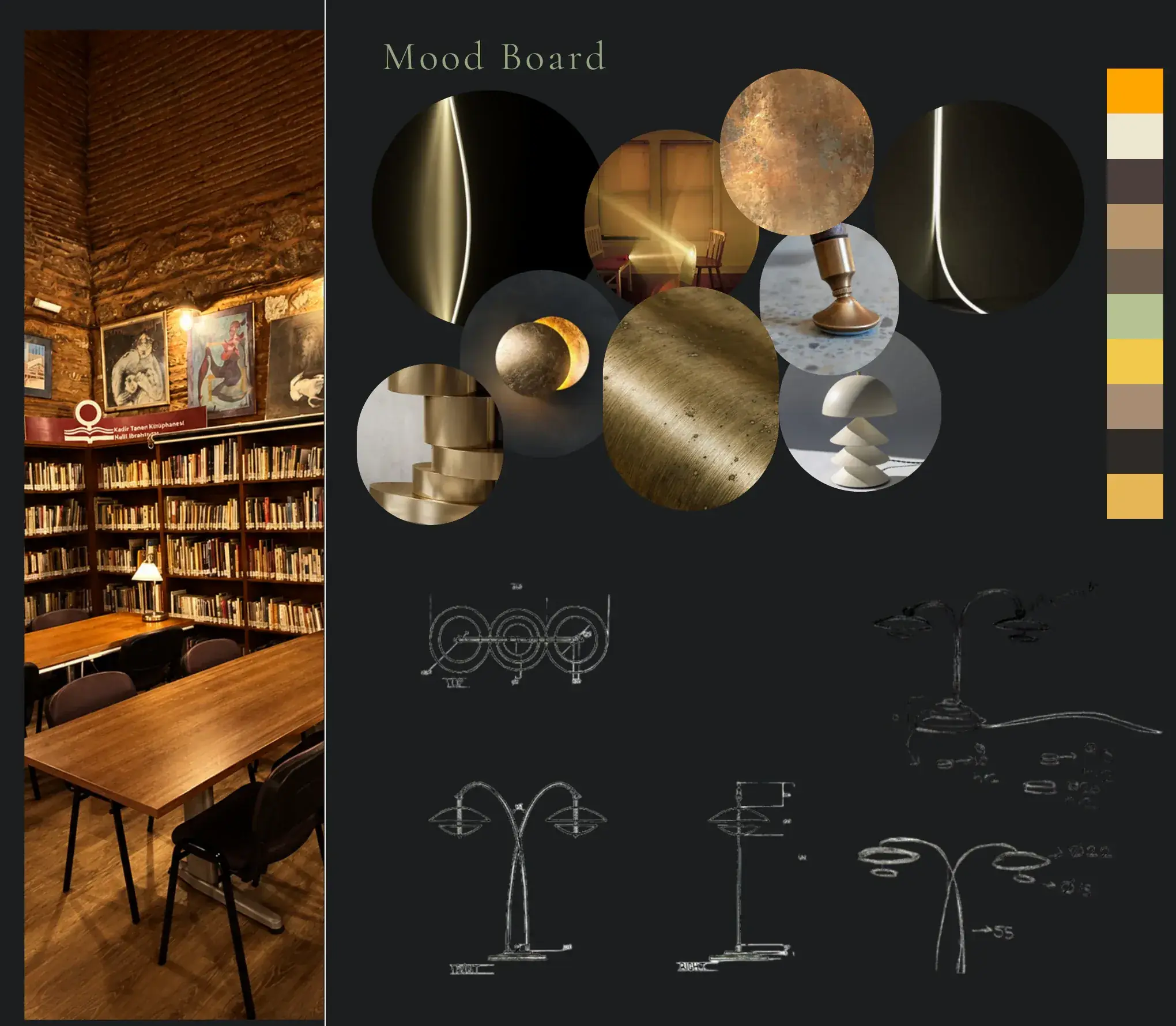 Luminarch mood board: kütüphane iç mekânı, pirinç dokular, yansıyan ışık örnekleri, renk paleti ve eskizler