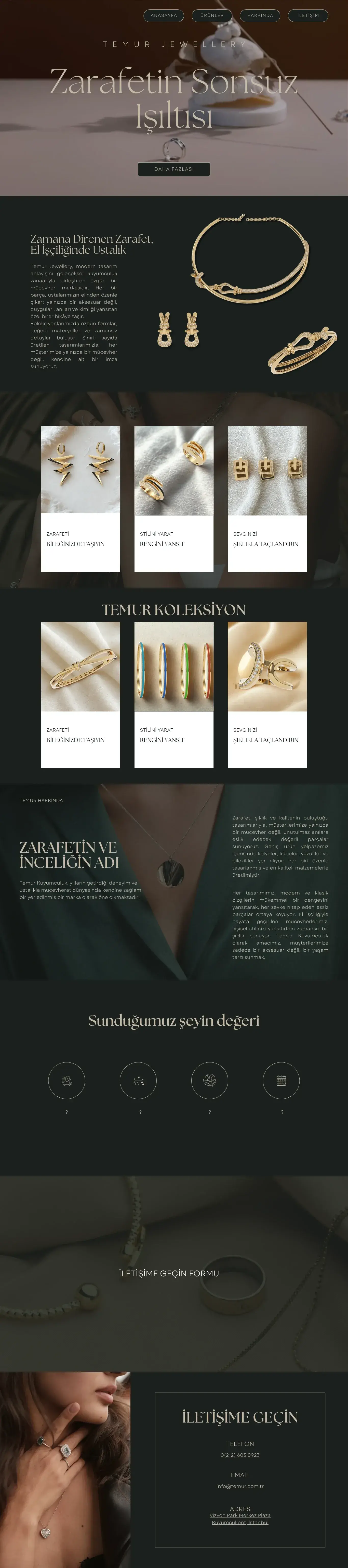 TEMUR Jewellery web sitesi — tam sayfa tasarım, koyu tema