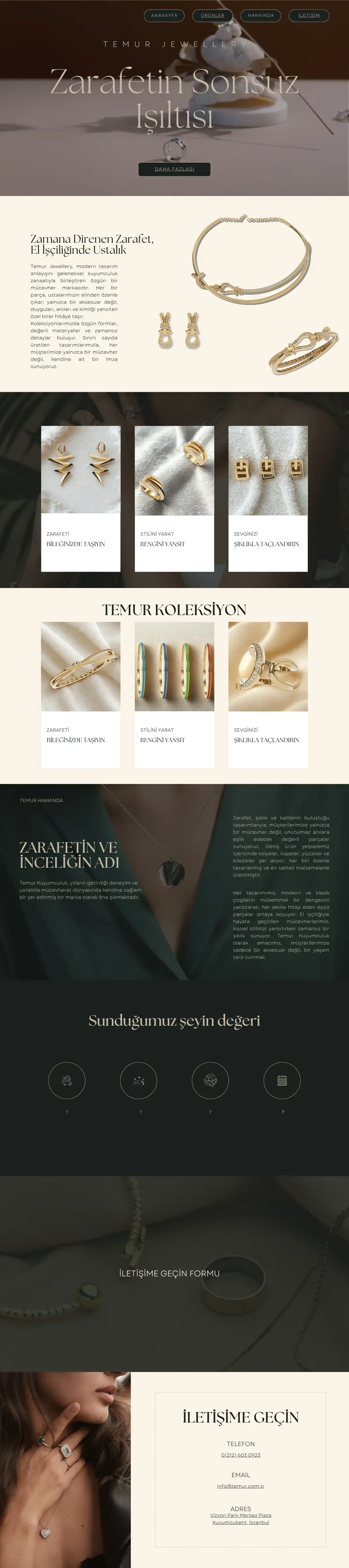 TEMUR Jewellery web sitesi — tam sayfa tasarım, koleksiyon bölümü